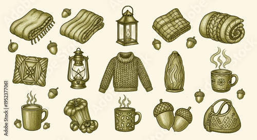 Cozy autumn elements illustration blankets lanterns sweaters and acorns
