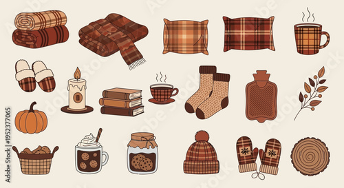 Cozy autumn essentials plaid blankets pillows and warm beverages illustration