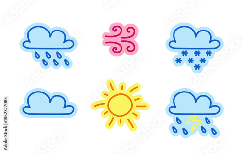 Forecast weather symbols hand drawn line sticker pack. Rain and snow clouds. Sunny windy. Digital planning clip arts in doodle style. Colorful planner icons labels. Bullet journal die cut elements kit