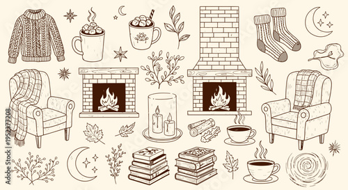 Cozy winter elements fireplaces sweaters and warm drinks in vector illustration