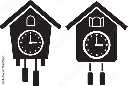 Cuckoo clock silhouette icon pair showing time telling objects