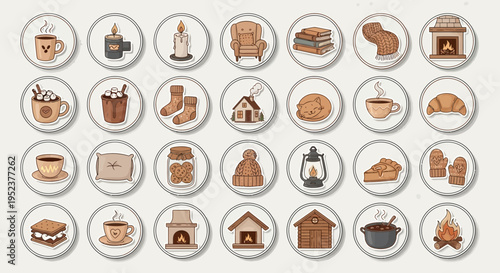 Cozy winter icons fireplace coffee home and warm items for design