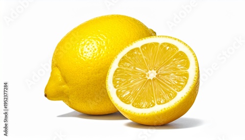 A whole lemon and a half lemon on a white background, showcasing their vibrant yellow citrus fruit texture and juicy interior