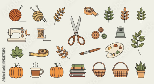 Crafting and autumn elements sewing knitting painting and seasonal illustrations