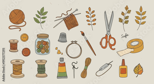 Crafting supplies illustration yarn needles scissors buttons and more