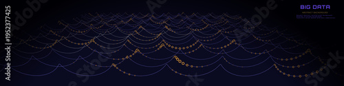 Abstract digital  lines in form waves stream with circles data quantum computing in dark cyberspace. Tech information transmission points data. Big data wavy flow.