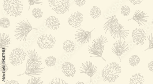 Elegant pine cones and needles on beige background festive holiday decor