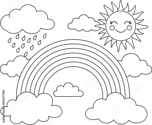 Colorful illustration of a smiling sun rainbow and fluffy clouds