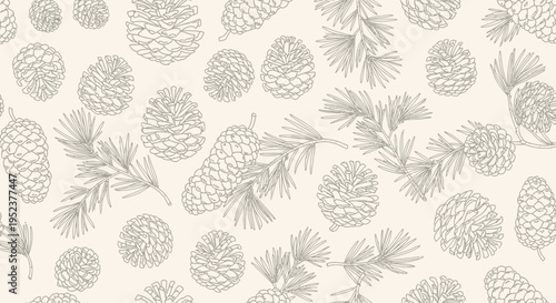 Elegant botanical illustration of pine cones and branches in a seamless pattern