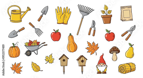 Garden tools and autumn harvest elements isolated on white background