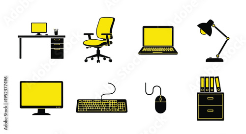 Set of 8 office furniture and equipment icons vector