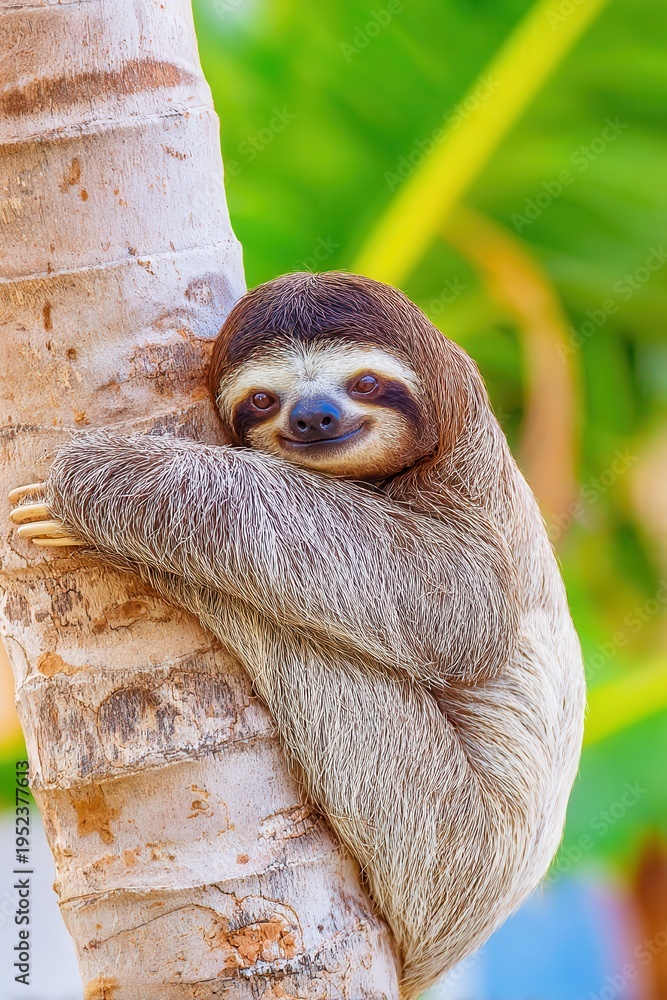 Fototapeta premium Sloth clinging to tree trunk with a charming gaze