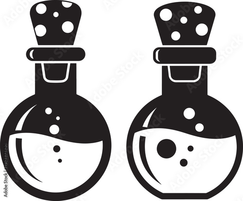 Two potion bottles silhouette with stoppers and liquid