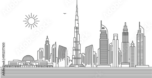 Dubai Mall and city skyline with Burj Khalifa skyscrapers for United Arab Emirates urban travel vector illustration.