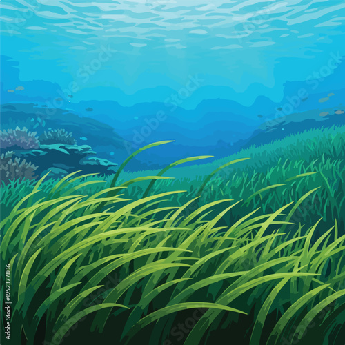 Green seaweed underwater ocean floor.