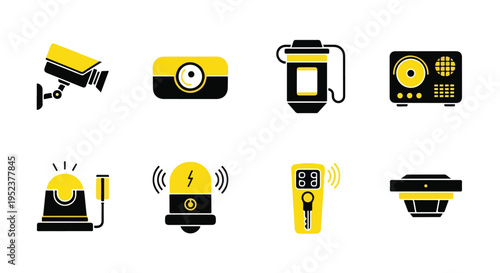 Set of 8 security icons vector, yellow and black