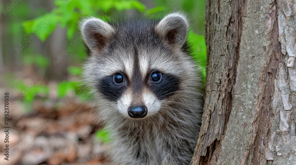 Obraz premium Adorable raccoon peeking from behind a tree trunk