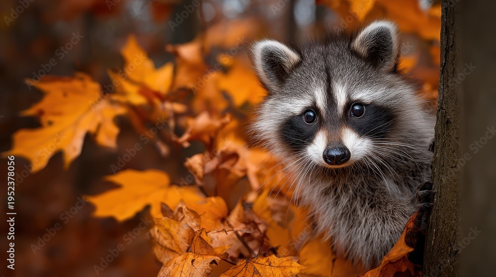 Obraz premium Cute raccoon peeking from behind autumn leaves