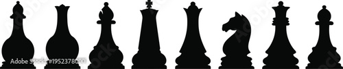 Chess pieces silhouette knight standing out among kings queens bishops and rooks