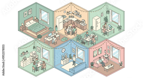 Colorful illustrations of whimsical treehouses nestled amongst lush green trees