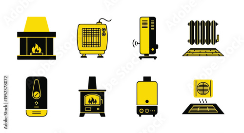 Set of 8 heating system icons vector, yellow and black