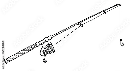 A detailed black and white illustration of a fishing rod and reel