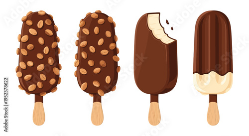 Four chocolate covered ice cream bars in various styles and conditions