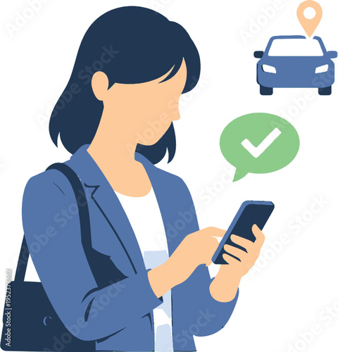 Woman booking taxi via smartphone app, ride sharing and online transportation concept