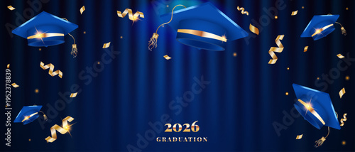 Graduation 2026 horizontal banner. Blue mortarboards flying with gold confetti on a dark curtain background. Realistic 3D style for university commencement and academic celebration templates.