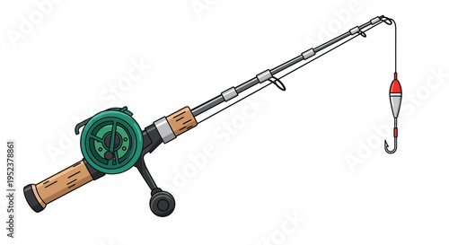 Illustration of a fishing rod with reel line float and hook