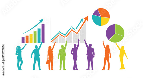 People celebrating success with charts and graphs visualizing growth data