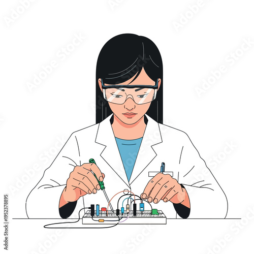Young Woman Scientist Conducting Electrical Experimentation with Soldering Iron.