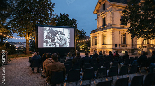 Projection de film en plein air devant un bâtiment historique