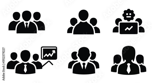 Set of 6 black vector business people group icons for teamwork, meeting, and corporate concepts
