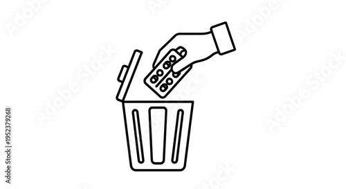 Hand discarding blister pack of pills into a wastebasket