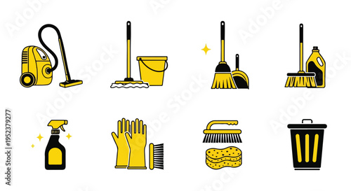 Set of 8 cleaning icons vector, yellow and black