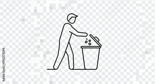 Line drawing of a person disposing of trash into a waste bin