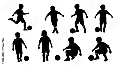 Children Soccer Silhouettes: Action Shots of Young Players Kicking, Dribbling, and Playing Football