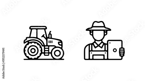 Smart Farming, Precision Agriculture, and Agritech Vector Icons Featuring Heavy Tractor Machinery and Digital Farmer with Tablet for Modern Agribusiness UI Interface Design