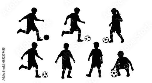 Children Soccer Silhouettes: Diverse Kids Playing Football, Action Poses