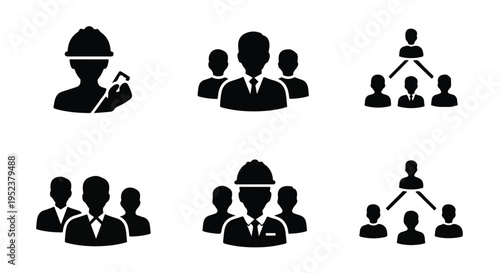 Set of 6 black silhouette business and team management vector icons for organization charts and employee roles