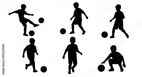 Children Soccer Silhouettes: Dynamic Action Poses of Young Players with Ball