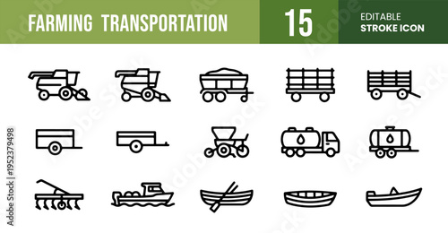 Agricultural Transportation, Farm Logistics, and Heavy Harvesting Machinery Vector Icon Set for Crop Distribution, Grain Transport Trailers, and Rural Supply Chain Management Interfaces