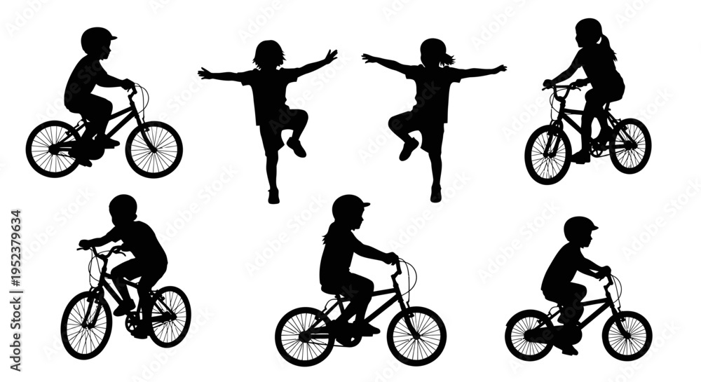 Obraz premium Children Silhouettes Riding Bicycles and Dancing