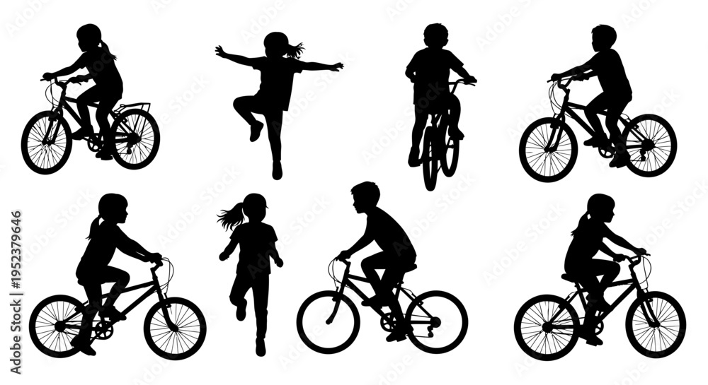 Obraz premium Children Silhouettes Riding Bicycles and Jumping, Outdoor Activities, Summer Fun