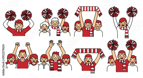 A group of cheerful fans celebrating with pom poms and scarves