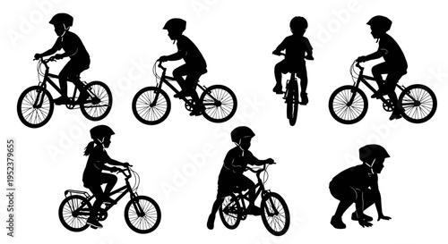 Children Silhouettes Riding Bicycles, Active Lifestyle, Outdoor Activities, Summer Fun
