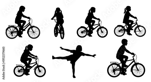 Children Silhouettes Riding Bicycles and Doing Yoga Poses