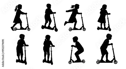 Children Silhouettes Riding Scooters - Set of 8 Diverse Poses