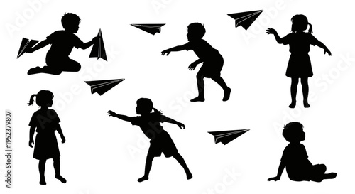 Children Silhouettes Throwing Paper Airplanes, Outdoor Play, Childhood Fun